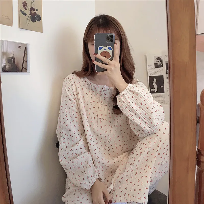 Vintage Cherry Print Cotton Pajamas Set Women O-Neck Long Sleeve Single Breasted Shirts + Long Pants Home Suit Japanese Soft