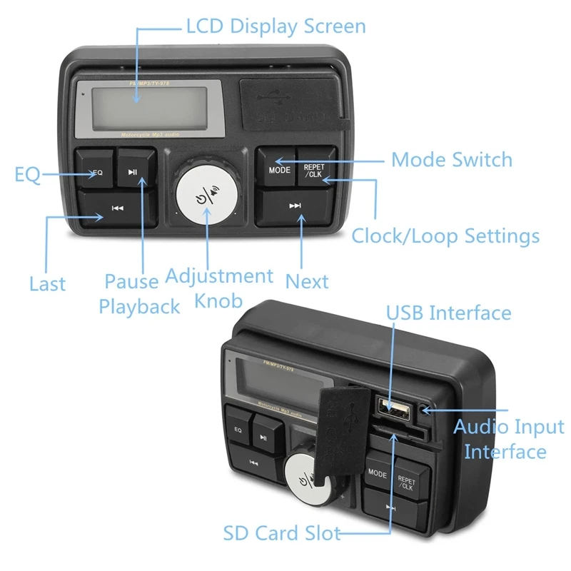 Sistema de sonido de Radio MP3 para motocicleta, altavoces estéreo Bluetooth, impermeable, FM, 5 funciones EQ, pantalla LCD, USB/SD/TF