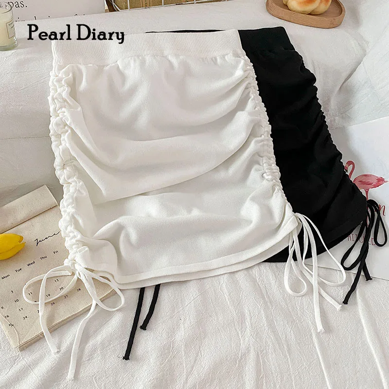 Pearl Diary Women Knitting Bodycon Skirts Side Ruched Drawstring Shirring Sexy Club Skirt Solid Color Spicy A Line Elastic Skirt