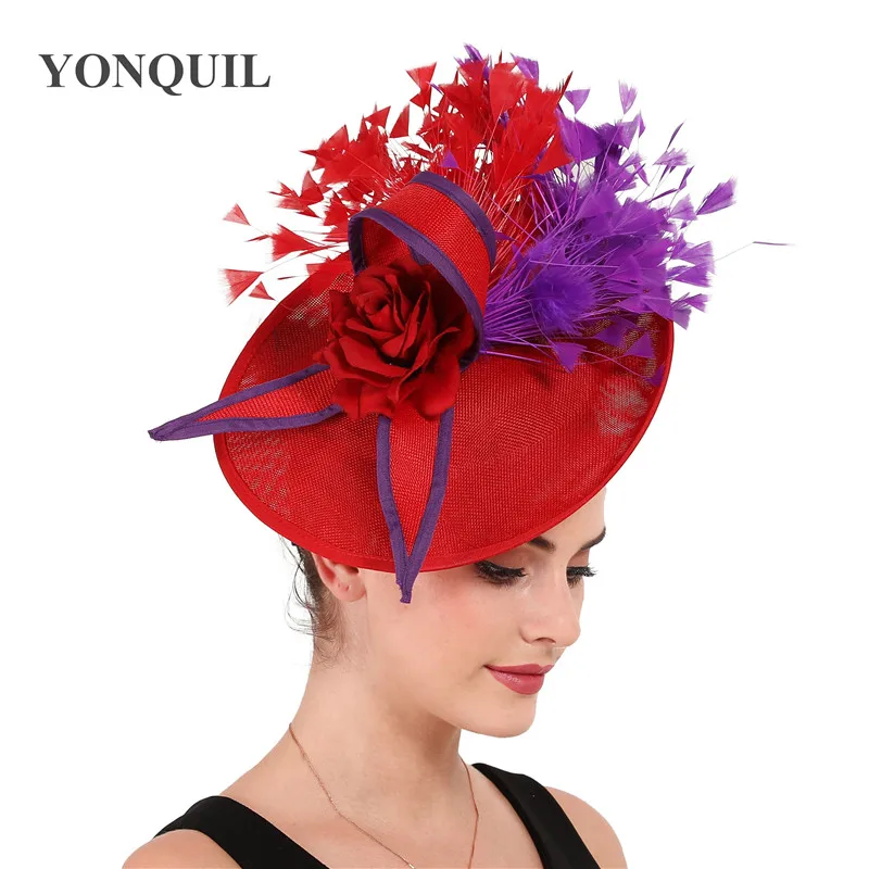 

Red With Purple Feather Fascinator Wedding Bridal Fedora Hat For Party Cocktail Headpiece Lady Floral Pattern HeadWear Accessory