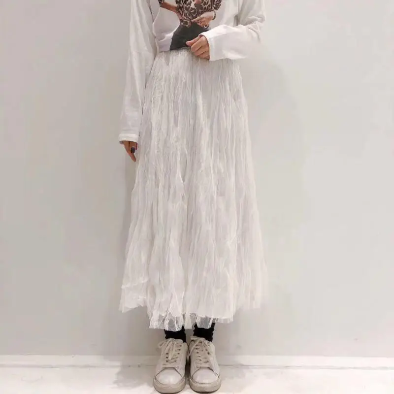 

2024 Summer New Simple Black Elastic High Waist Slim Mesh Long Skirt Casual All-match Women A-line Pleated Skirt Free Shipping