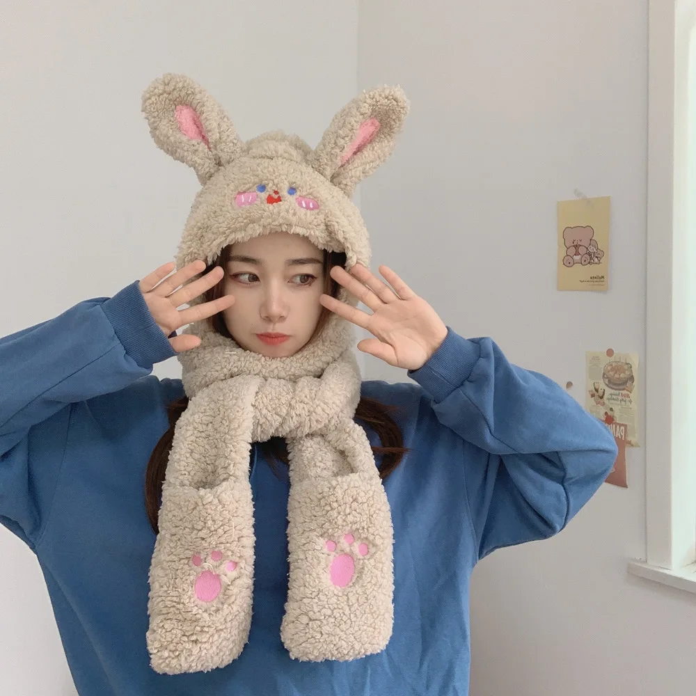 Fashion Winter Cute Cartoon Bear Lamb Plush Caps Gloves Scarf Set Warm Thickened Ear Brown Hat For Women Girl New Year Gift