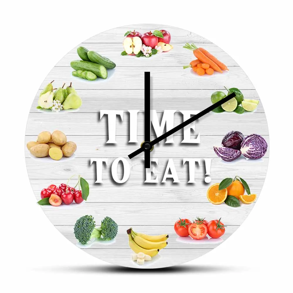 

Time to Eat Your Fruits And Vegetables Round Kitchen Wall Clock Healthy lifestyle Veggies Artwork Timepieces Silent Quartz Clock