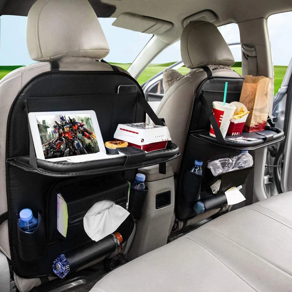 Car Back Seat Organizer Storage Bag With Foldable Table Tray Tablet Holder Tissue Box Auto Back Seat Bag Protector Accessories