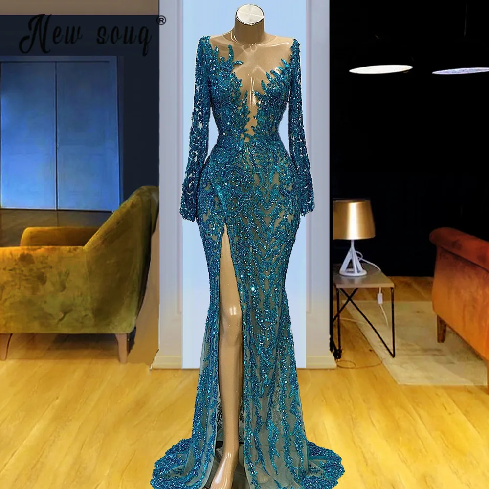 Lange Sparkly Mermaid Avondjurken 2021 Lange Mouwen High Neck Sequin Dubai Vrouwen Formele Gowns Celebrity Jurken Plus Size