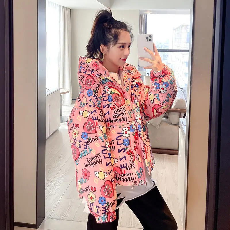 Jaqueta de inverno das mulheres pão roupas japonês graffiti harajuku menina estudante puffer jaqueta para as mulheres 2021 inverno grosso bolha