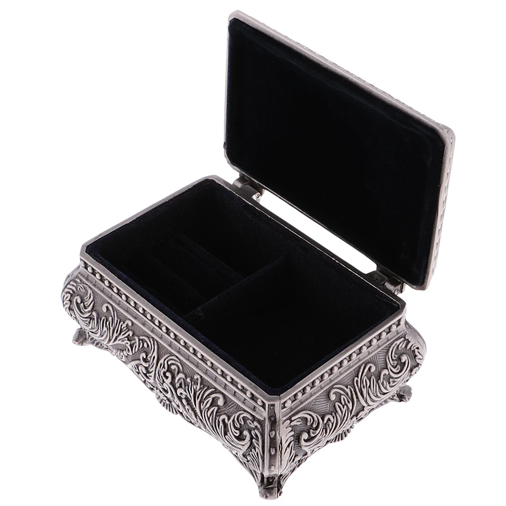 Antique Alloy Rectangle Jewelry Box Flower Sculpture Trinkets Chest Case with Black Velvet Interior Protection For Rings Pendant