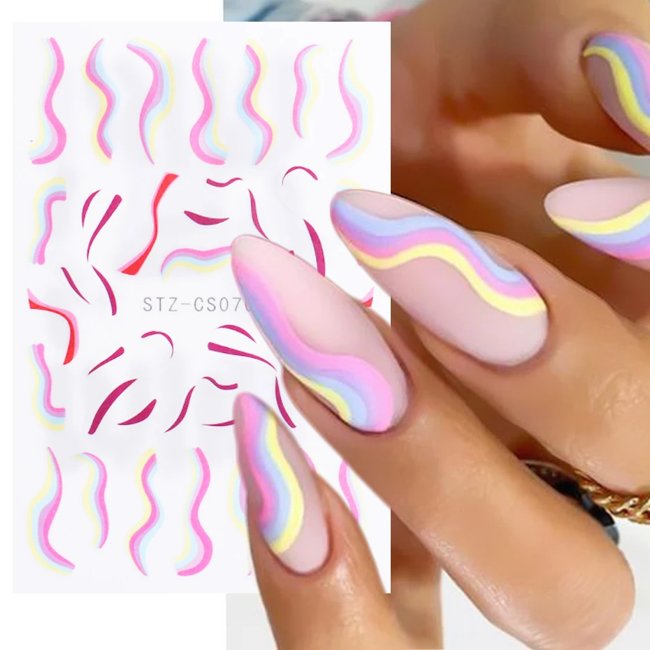 3D Goud Roze Nail Stickers Abstract Swirl Golf Lijn Regenboog Streep Grafische Slider Franse Tips Nail Folie Decoratie NLSTZ-CS070