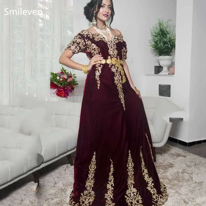 Smileven-Vestidos de Noche formales de caftán de terciopelo, manga corta, línea A, encaje dorado, para ocasiones especiales, vestidos de fiesta de graduación