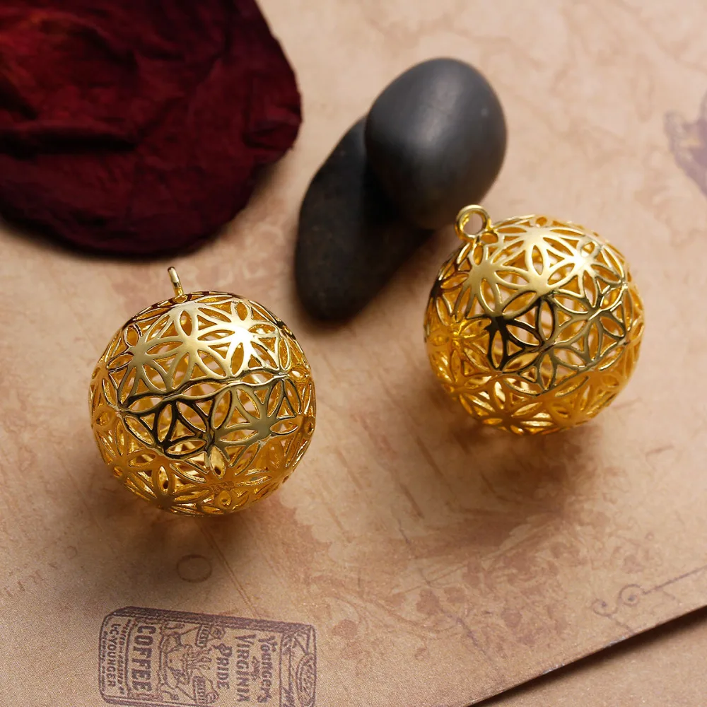 New Fashion Copper Flower Of Life Charms Pendants Round Gold Color Hollow Carved For DIY Making 28mm(1 1/8\