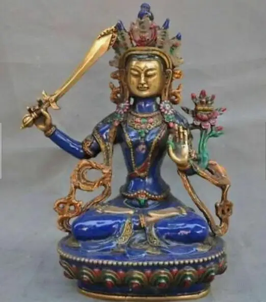 China Old bronze cloisonne Manjushri kwan-yin GuanYin buddha & sword statue