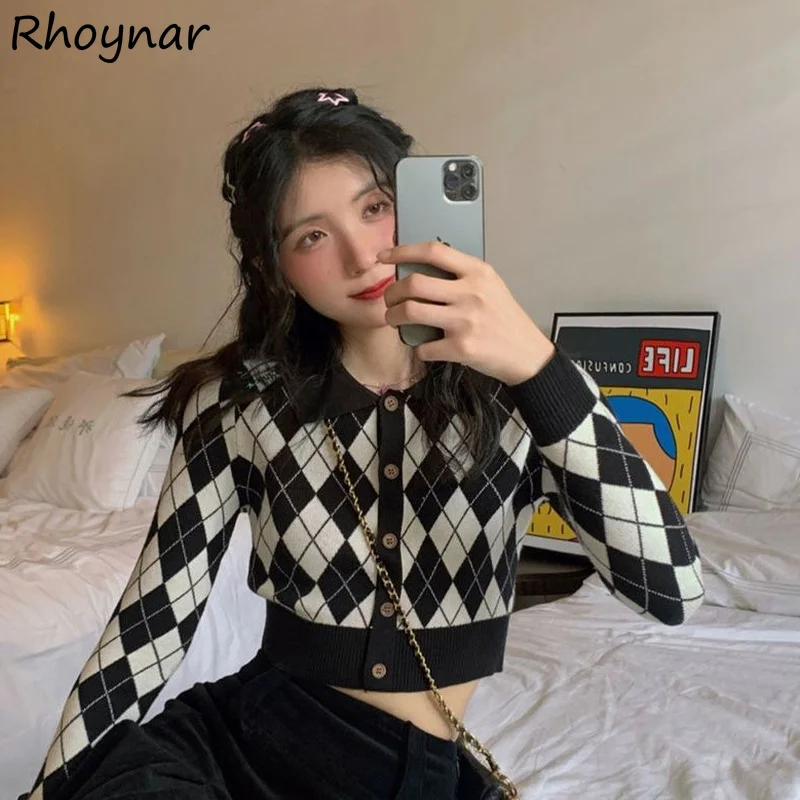 

Cropped Cardigan Women Elegant Single Breasted Argyle Leisure Cozy Fashion Autumn New Slim Female Vintage All-match Korean Style