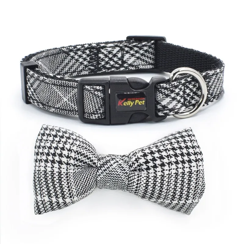 4 Colors Big Dog Collar and Leash Set Adjustable Plaid Pet Collar with Bow for Medium Large Dogs French Bulldog Golden Retriever