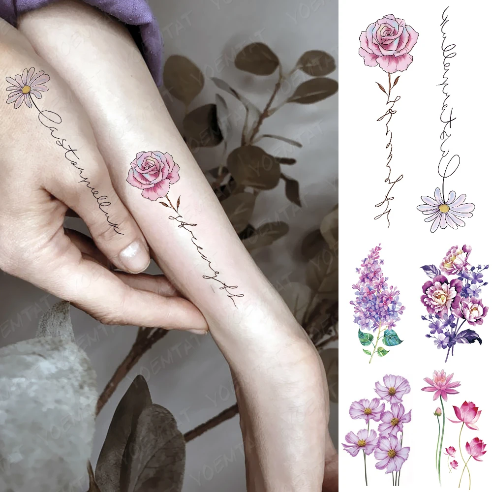 Waterproof Temporary Tattoo Sticker Watercolor Pink Daisy Flash Tatoo Leaves Plant Flowers Fake Tatto For Body Art Women Men