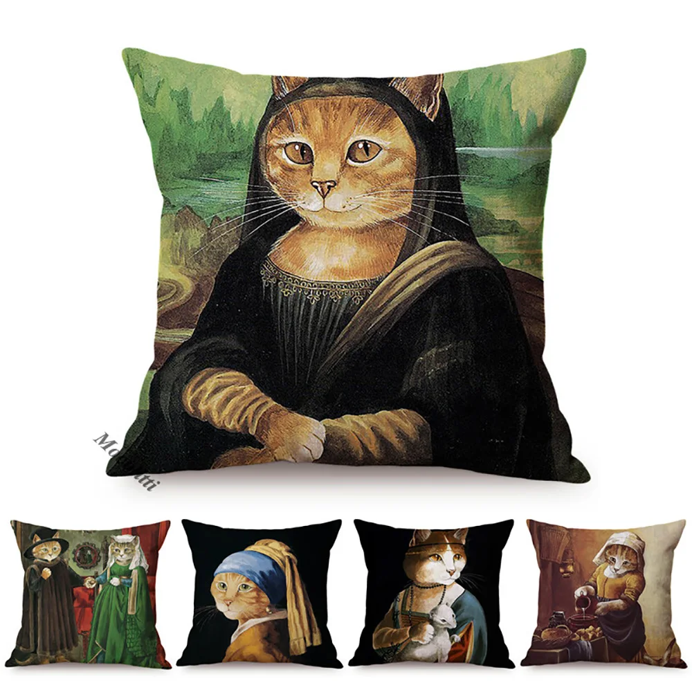 Kot zabawny portret naśladować światowej sławy obraz olejny Mona Lisa sztuka nordycka plakat styl dekoracyjne poszewki na poduszki poszewka na poduszkę kanapową