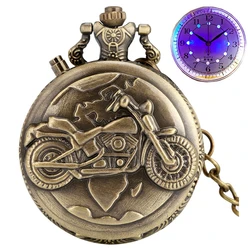 Bronze Luminous LED Dial Motorcycle Motorbike MOTO Quartz Pocket Watch Chain Carved Steampunk Chain Pocket Fob Watch Clock Gifts