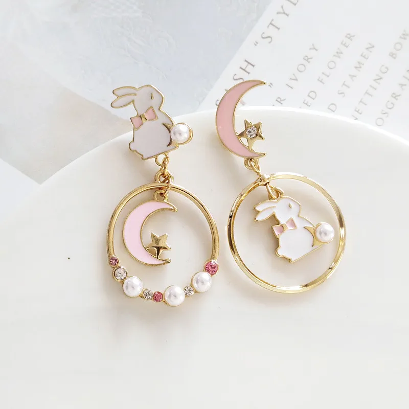 Korean Style Cute Rabbit Moon Star Pendant Asymmetry Earrings For Women Pearl Rhinestone Cat Bunny Animal Earring Party Jewelry