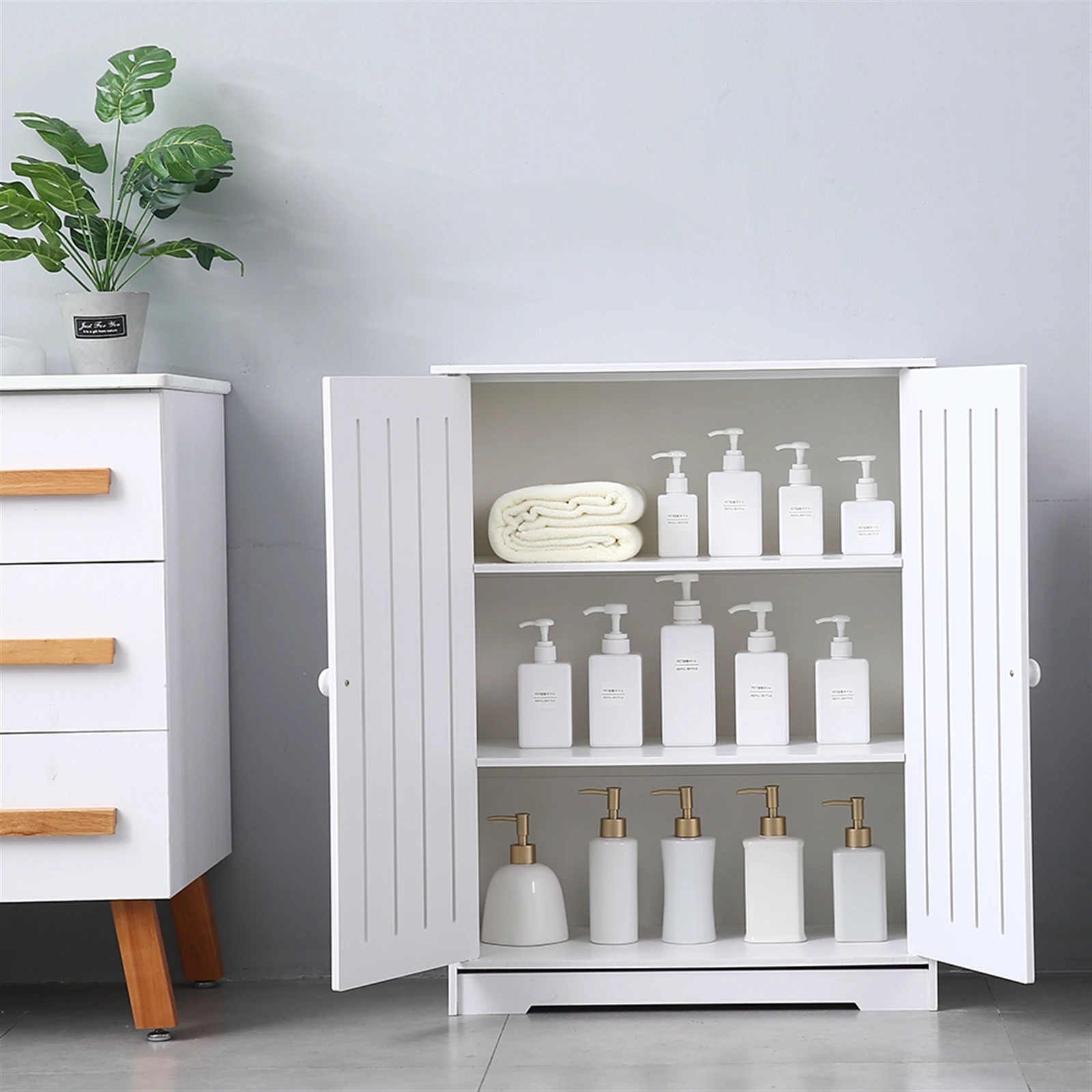 Double Door Three-Layer 80cm High Storage Cabinet PVC (63x31x80)cm Bathroom Cabinet US Warehouse