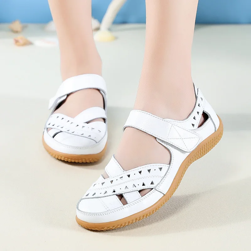 WOIZGIC Female Women Mother Genuine Leather Hollow White Shoes Sandals Flats Loafers Summer Cool Beach Plus Size 41 42