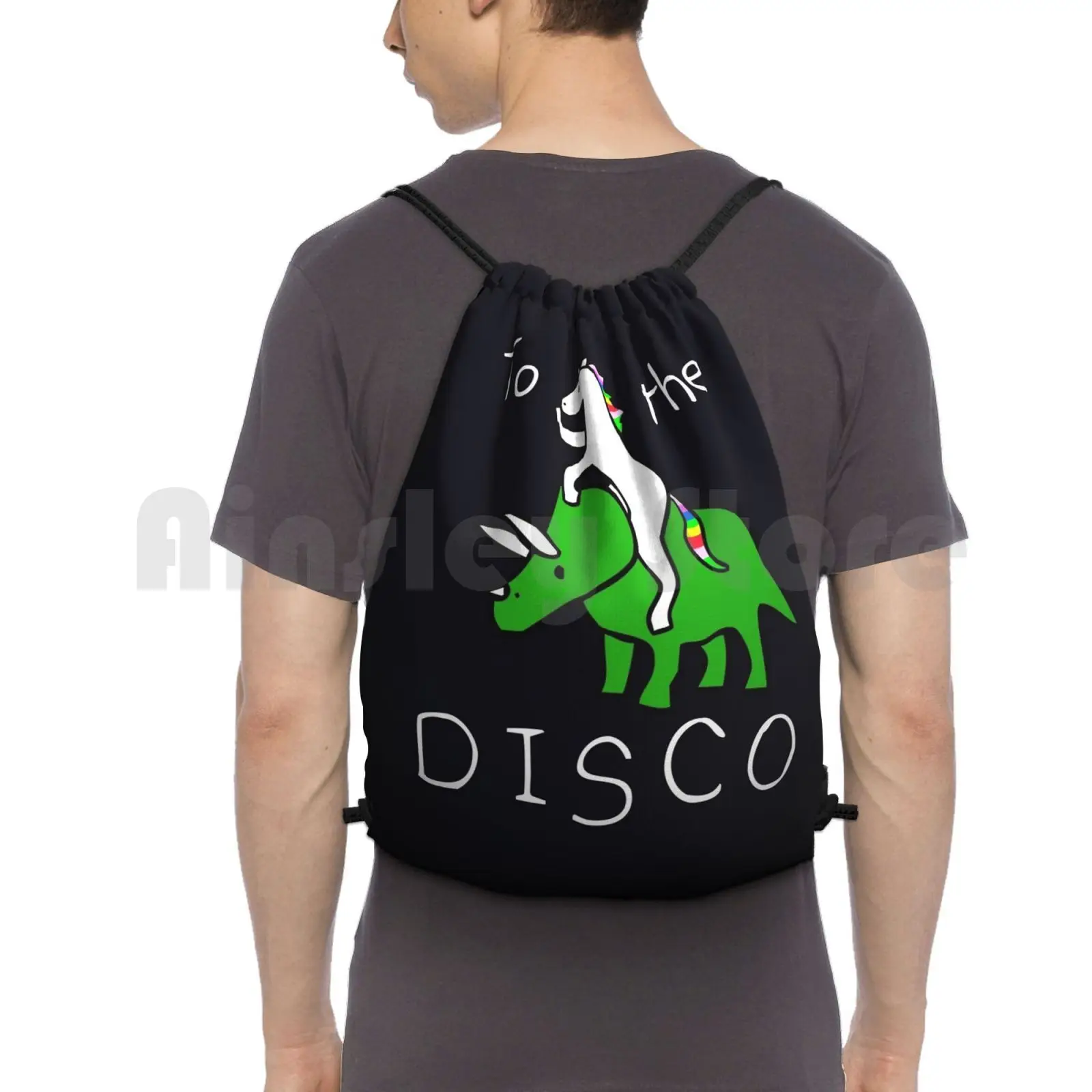 To The Disco ( White Text ) Unicorn Riding Triceratops Backpack Drawstring Bag Riding Climbing Gym Bag Unicorn Dinosaurs