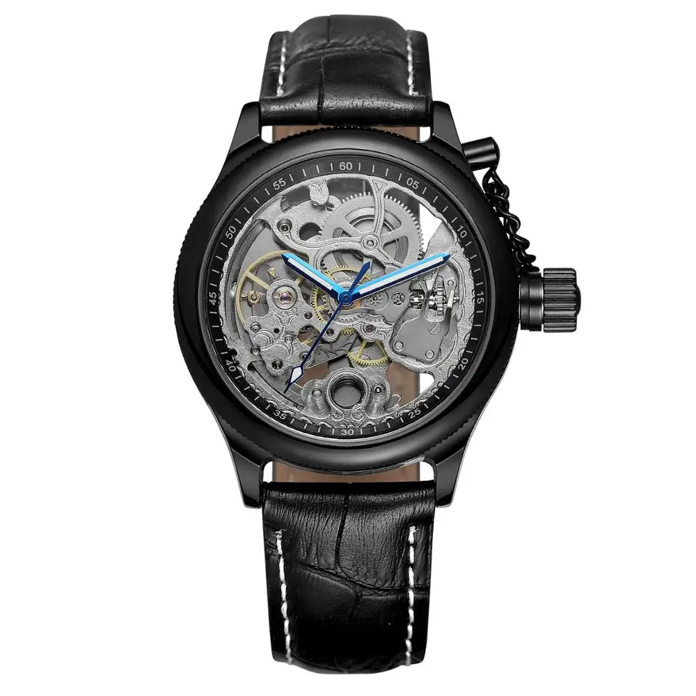 Reloj de moda informal para hombre, reloj mecánico automático con esfera redonda negra y manos azules, correa de cuero negra, regalo de vacaciones