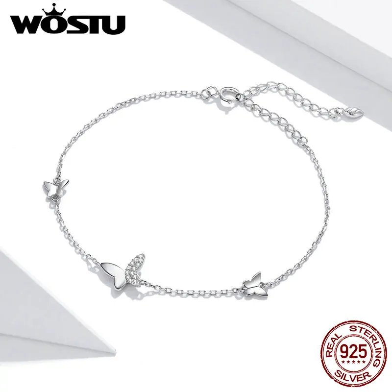 WOSTU New Arrival 925 Sterling Silver Butterfly Original Bracelet Adjustable Shiny Zircon Chain Link For Women Jewelry CQB197