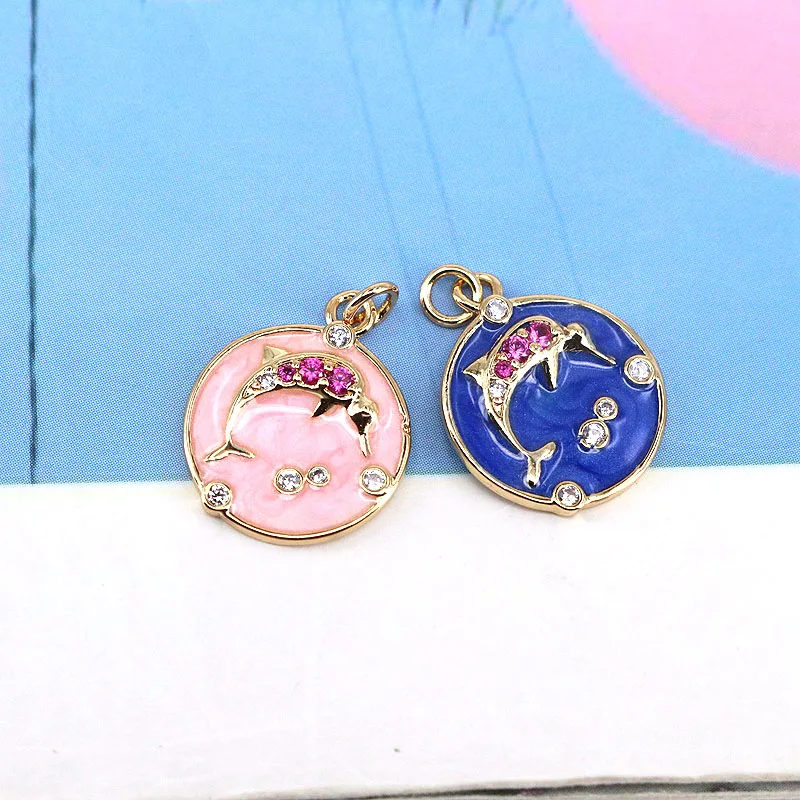 10Pcs New CZ Micro Pave Dolphin On Enamel Round Coin Shape Pendant,18K Gold Filled Dolphin Charm, Necklace Bracelet Charm