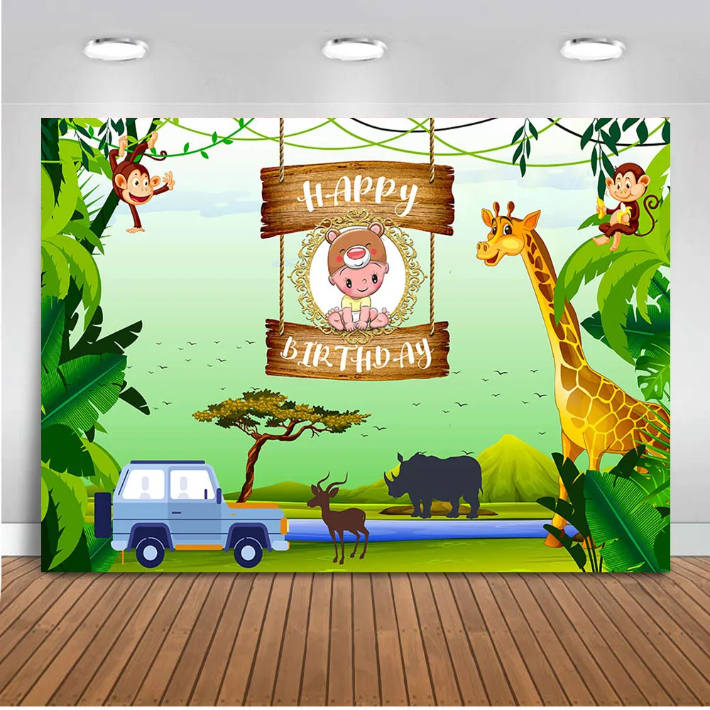 

Animals Backdrop for Photography Happy Birthday Newborn Baby Background for Photo Booth Studio Forest Jungle Theme Party Decor