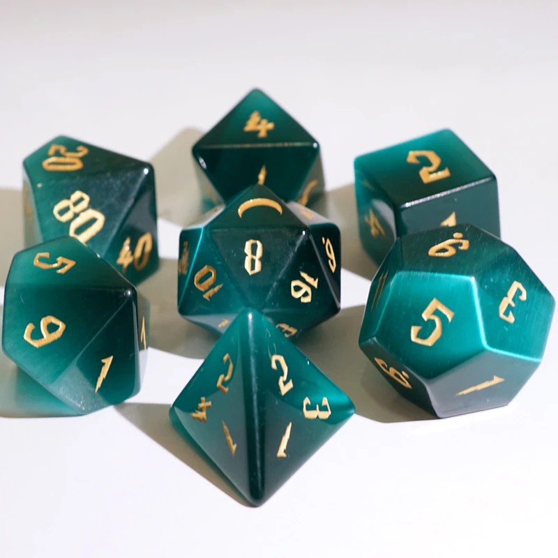 Gemstone Polyhedral Dice Set Handmade Engrave Green Cats Eye Geometry Dice D20 D12 DND RPG COC Borad Games Dice Custom Gift DIY