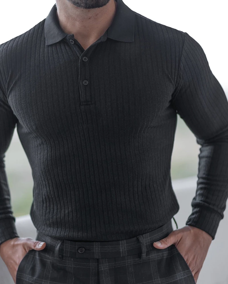 Autumn Gym Clothing Mens Knitted Long Sleeve Polo Shirt Skinny Fitness T-shirt Male Workout Bodybuilding Tee Shirt Sports Polos image 6