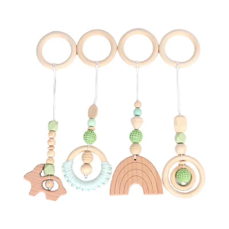 

4 Pcs/Set Baby Play Gym Frame Stroller Hanging Pendant Wooden Ring Teether Molar Dropship