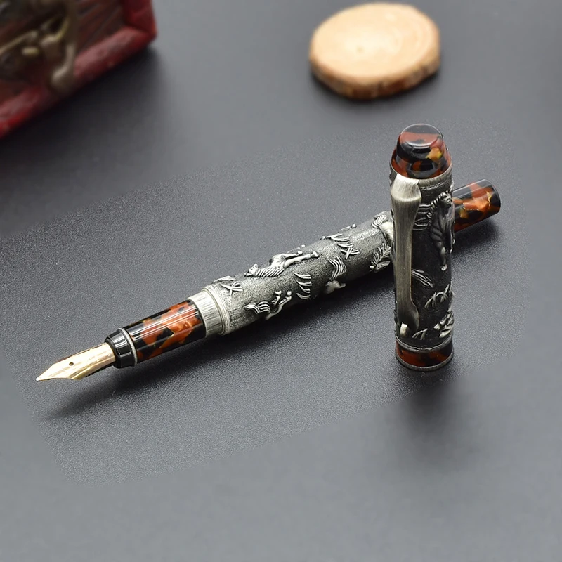 Fuliwen Vinatge 14K Fountain Pen Celluloid Cap Eight Running Horses Medium Point 0.7mm Gift Pen & Wooden Gift Box for Collection