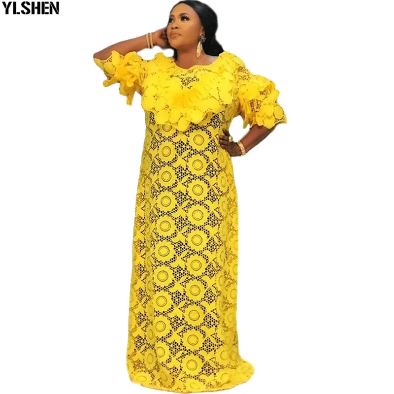 

Sexy African Dresses For Women Plus Size Traditional Africa Clothes African Design Bazin Water Soluble Lace Dashiki Maxi Dress