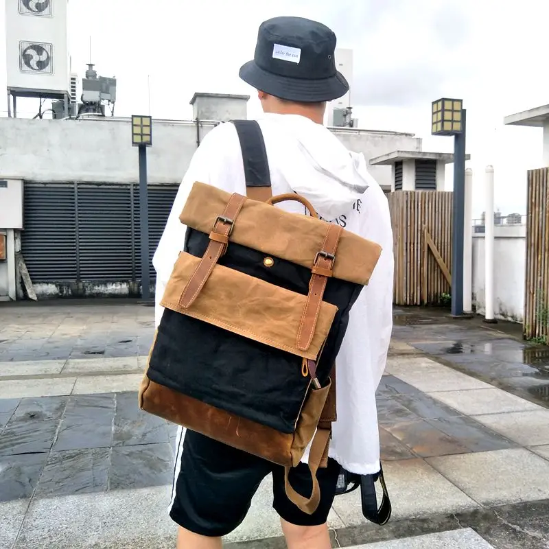 

Retro Oil Wax Canvas Computer Bag Travel Backpack Leisure Outdoor Hiking Bag Hit Color