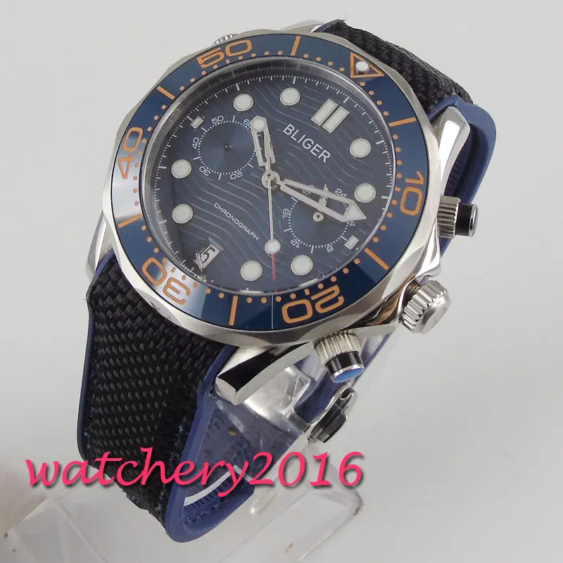 

41mm Bliger blue dial ceramic bezel Sapphire date quartz movement men's watch Blue Rubber strap Nylon Band