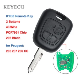 Keyecu KYDZ telecomando per auto portachiavi 2 pulsanti 433MHz con Chip PCF7961 per Peugeot 206 207 206 CC, lama 206 non tagliata