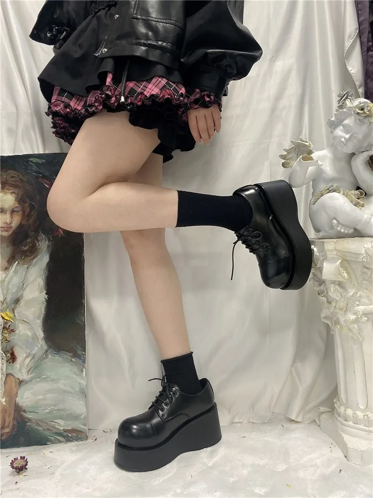 Japanese Harajuku Thick Bottom Big Round Head Women Gothic Punk Lace Up Platform Dark Lolita Girls Goth Anime Cosplay High Heel