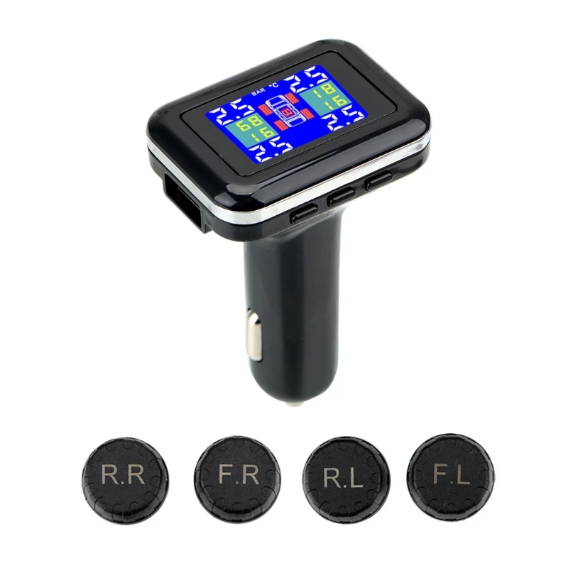 Car TPMS Tire Pressure Alarm Monitor System With 4 External Sensors LCD Screen Display Cigarette Lighter Plug