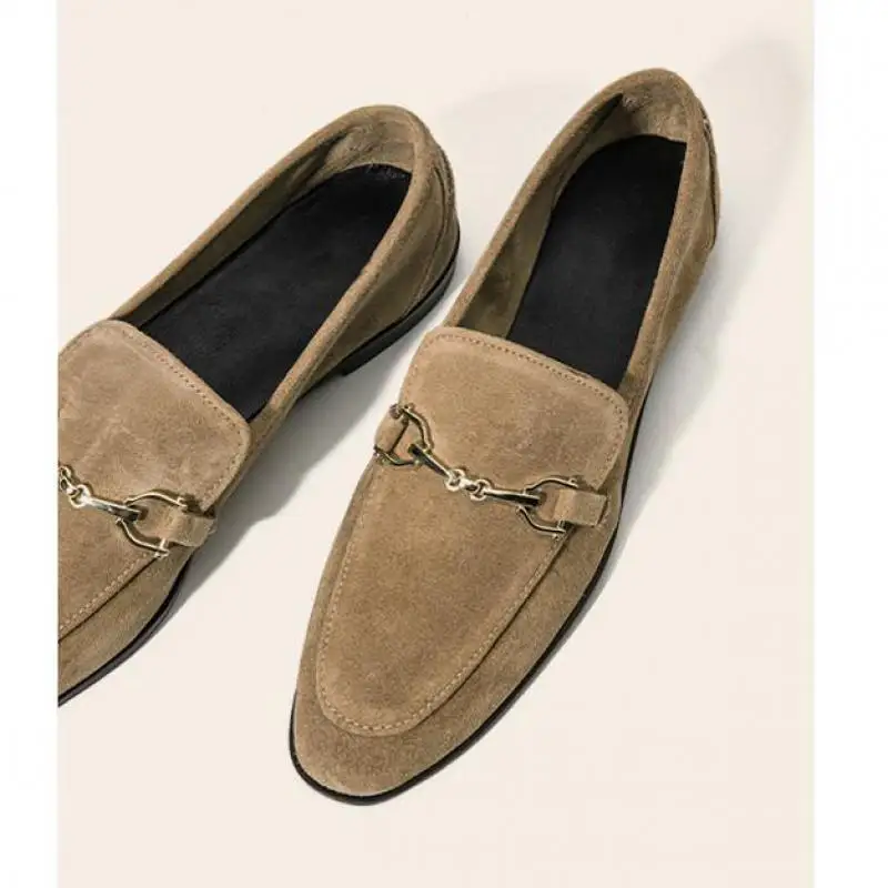 2024 Spring Women\'s Shoes Leisure Flats Loafers Women Suede Leather  Retro Soft Bottom Slip-on Single Shoes Metal Decoration