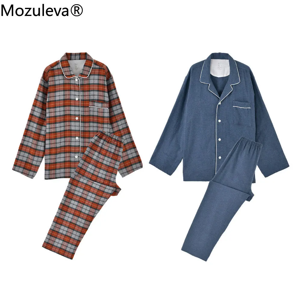 mozuleva 100% Cotton Pijama 2 Pieces Lounge Sleepwear Pyjamas Plaid Autumn Bedgown Home Clothes Man PJs Pure Cotton Pajamas Set