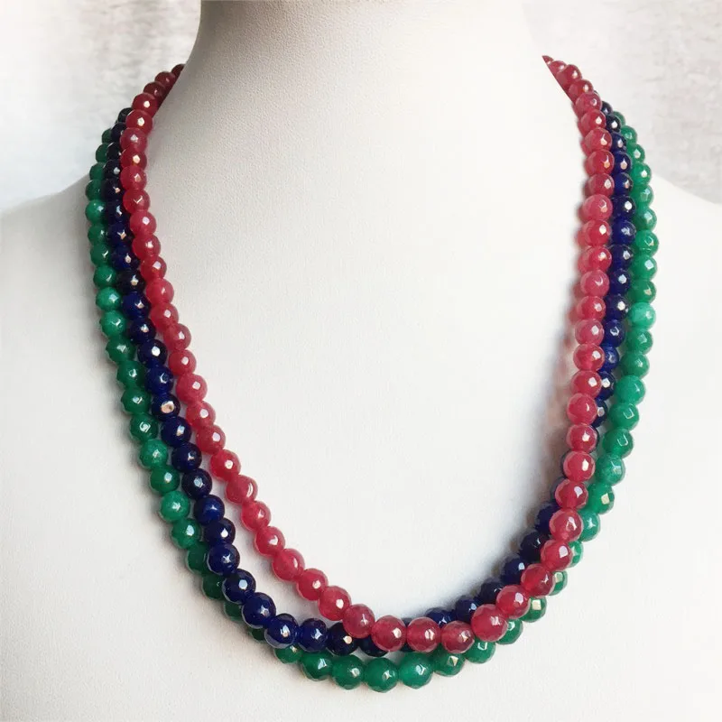 6MM Faceted Sapphire Emerald Ruby Jade Necklace Natural Stone Handmade Bohemia Collier Femme Jewelry Gift Simple Strand Choker