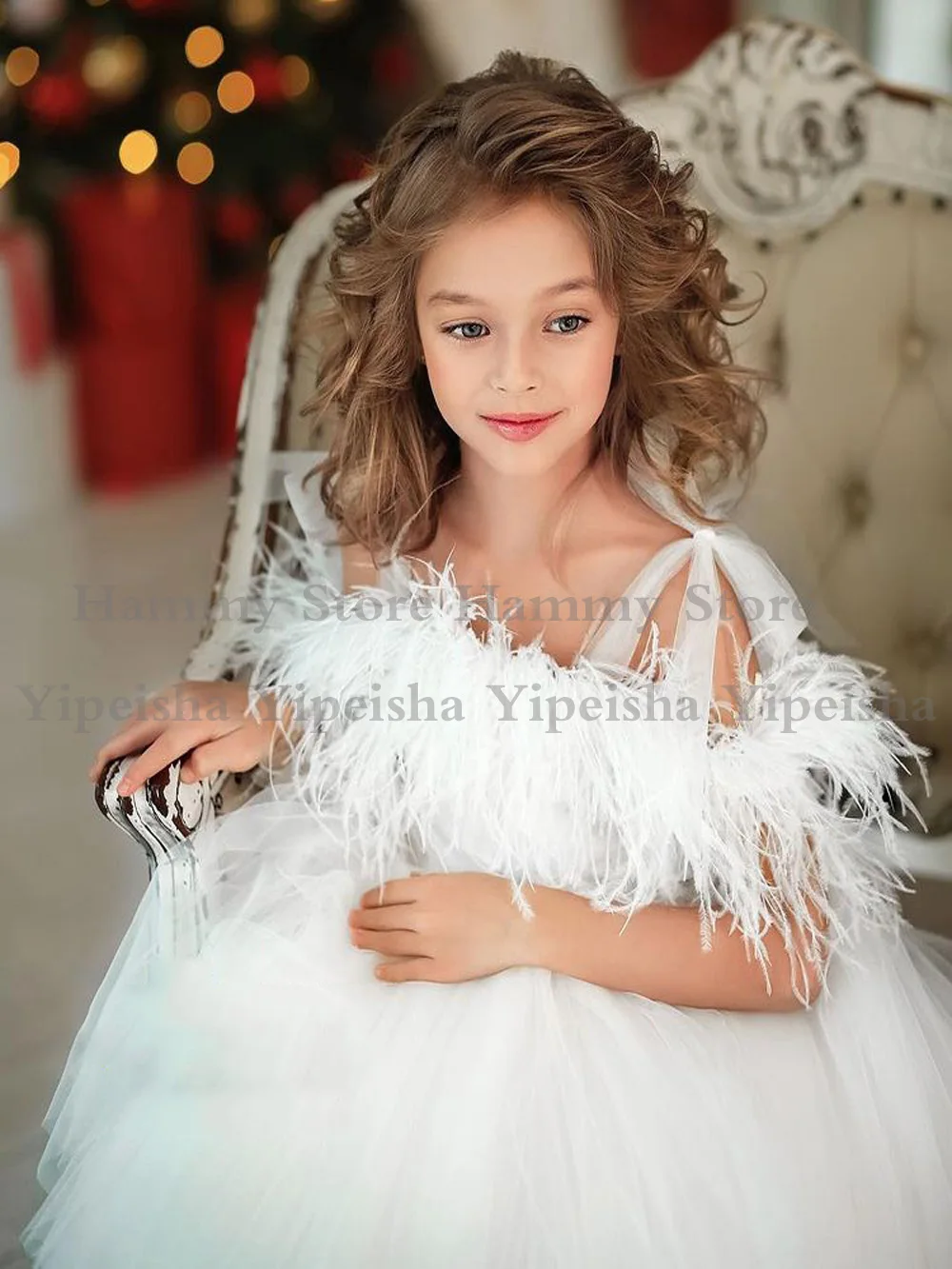 White Flower Girl Dress Feathers Bow Straps festa di nozze della ragazza Off The Shoulder Puff abito da prima comunione