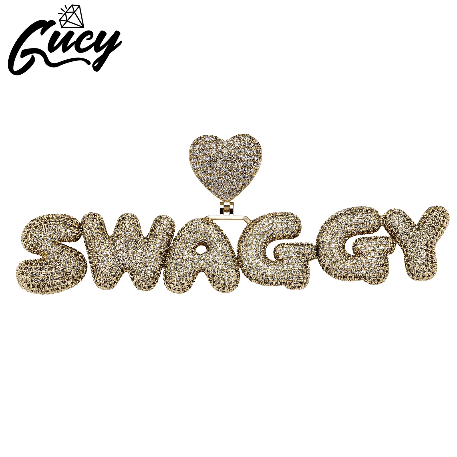 GUCY A-Z Custom Name Heart Bubble Letters Pendant & Necklace Charm Men's Cubic Zirconal  Hip Hop Jewelry Gift