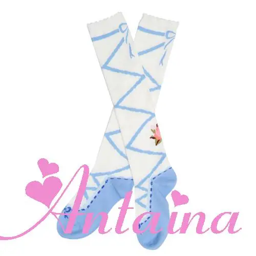lolita tube socks beautiful ballet straps blue pink  printing gothic lolita kawaii girl loli cos  kawaii girl daily sweet lolita
