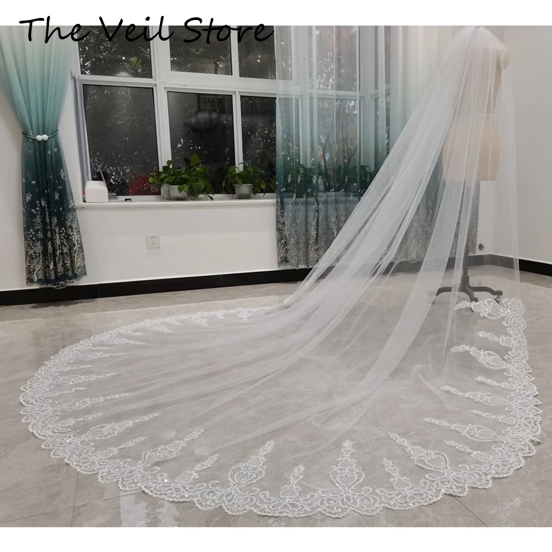 3 Metres One Layer Bridal Veils with Comb Cathedral Long Ivory White Wedding Accessories for Brides 3 m Sparkle Sequins Lace