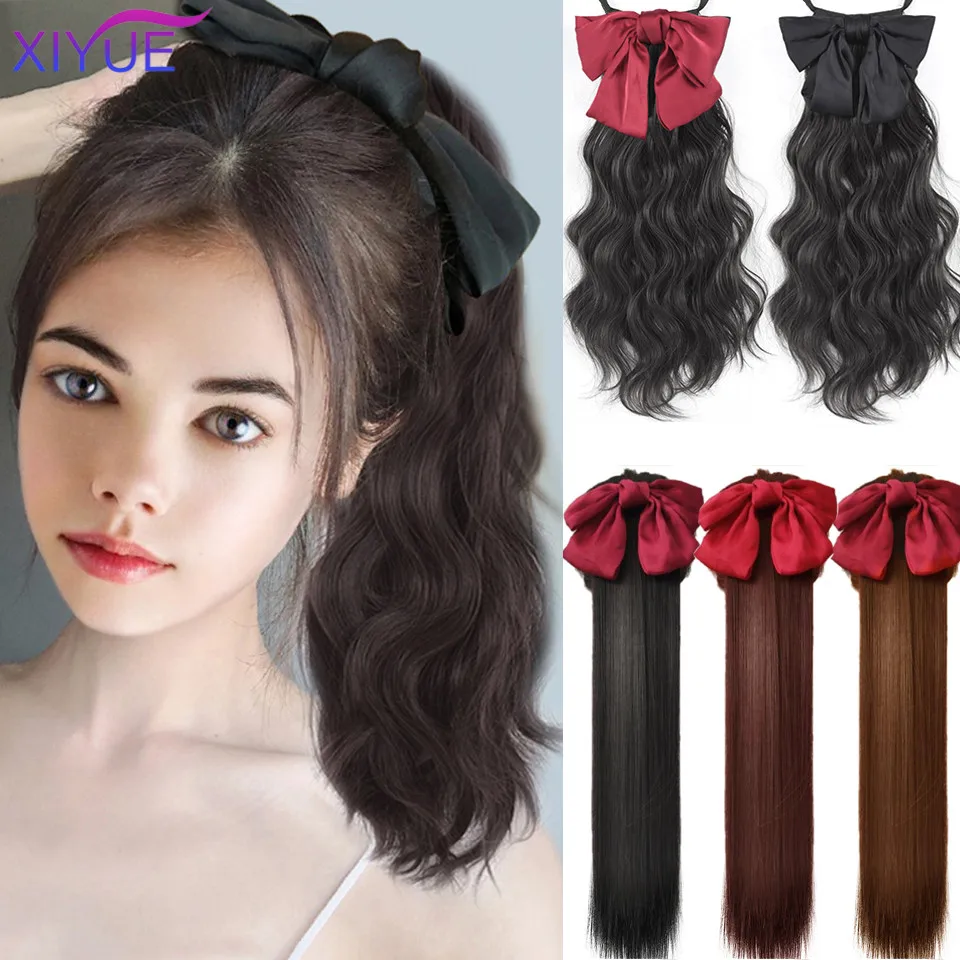 XIYUE Long Wavy Wrap Around Clip In Ponytail Hair Extension Heat Resistant Synthetic Natural Wave With Bow Pony Tail Fake Hair