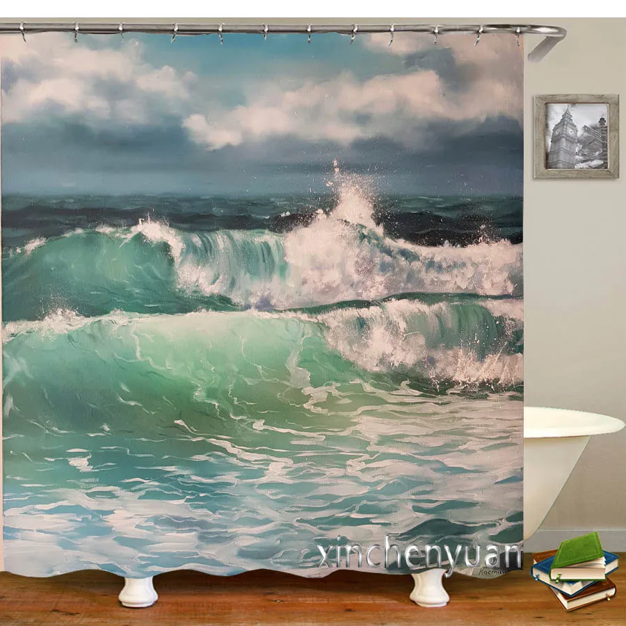 New Creative Ocean Wave Art Waterproof Bathroom Curtain 3d Printed Fabric with Hooks Decoration Shower Curtain M50