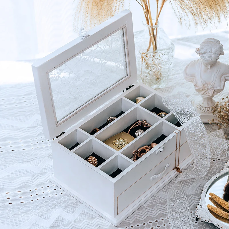 lace glass top white retro wooden jewellery box with floral carving