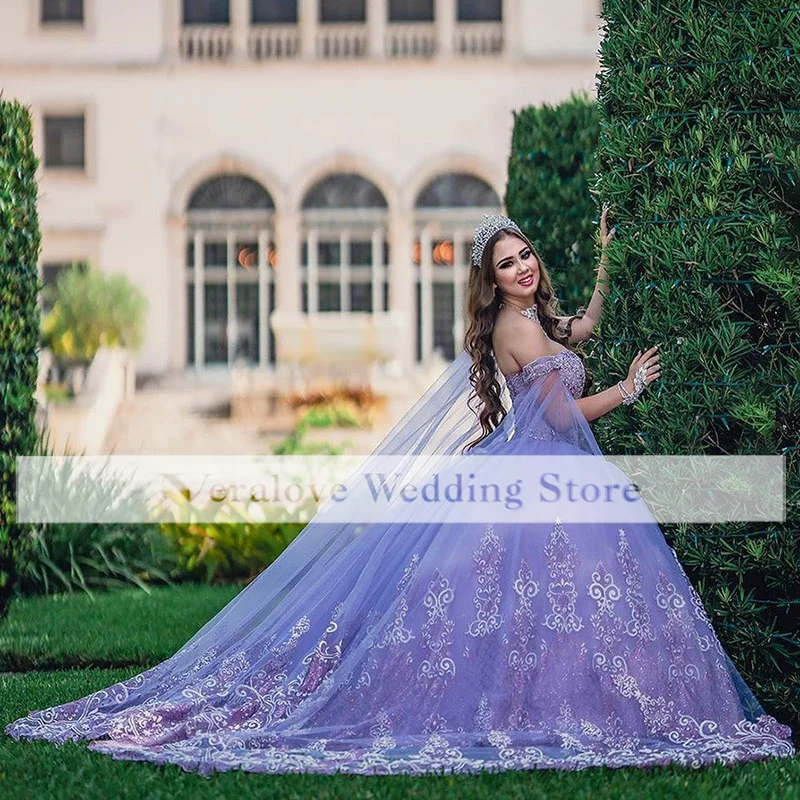 Charro Mexican Vestidos De 15 Años Lilac Quinceanera Dresses With Cape Floral Applqiue Corset Sweet 16 Dress Abiti Da Cerimonia