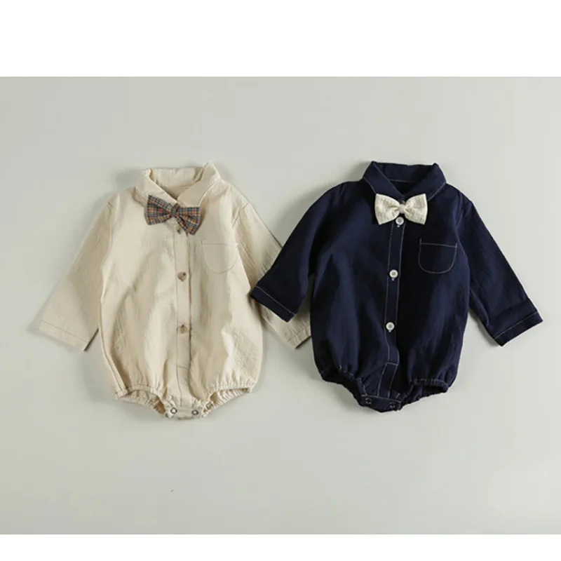 MILANCEL Infant Baby Boys Girls Clothes Gentlemen 100 Days Bodysuit Turn Down Collar Suit With Bow Jumpsuits